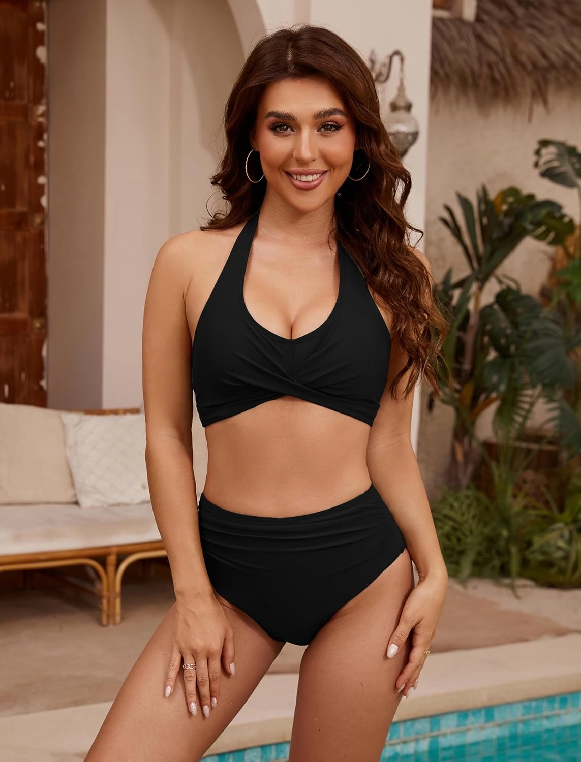 ZAFUL Womens Two Piece Swimsuit Push Up High Waisted Bikini Sets Halter V Neck Modest Bathing Suits Ruched Swimwear