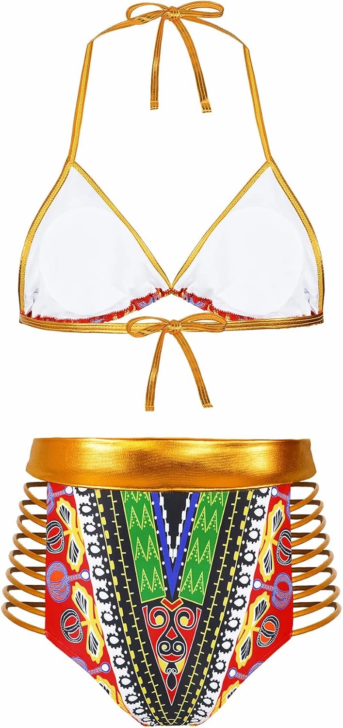 Zando Women Tribal Print Bikini African Metallic Swimsuit Two Piece Beachwear Cutout Halter Neck Bathing Suit Swimwear