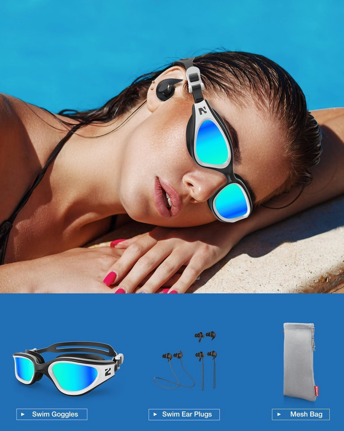 ZIONOR G1 Lite Polarized Swimming Goggles with 3 Pairs Earplugs, Anti-Fog UV Protection Swim Goggle for Adult Men Women Youth