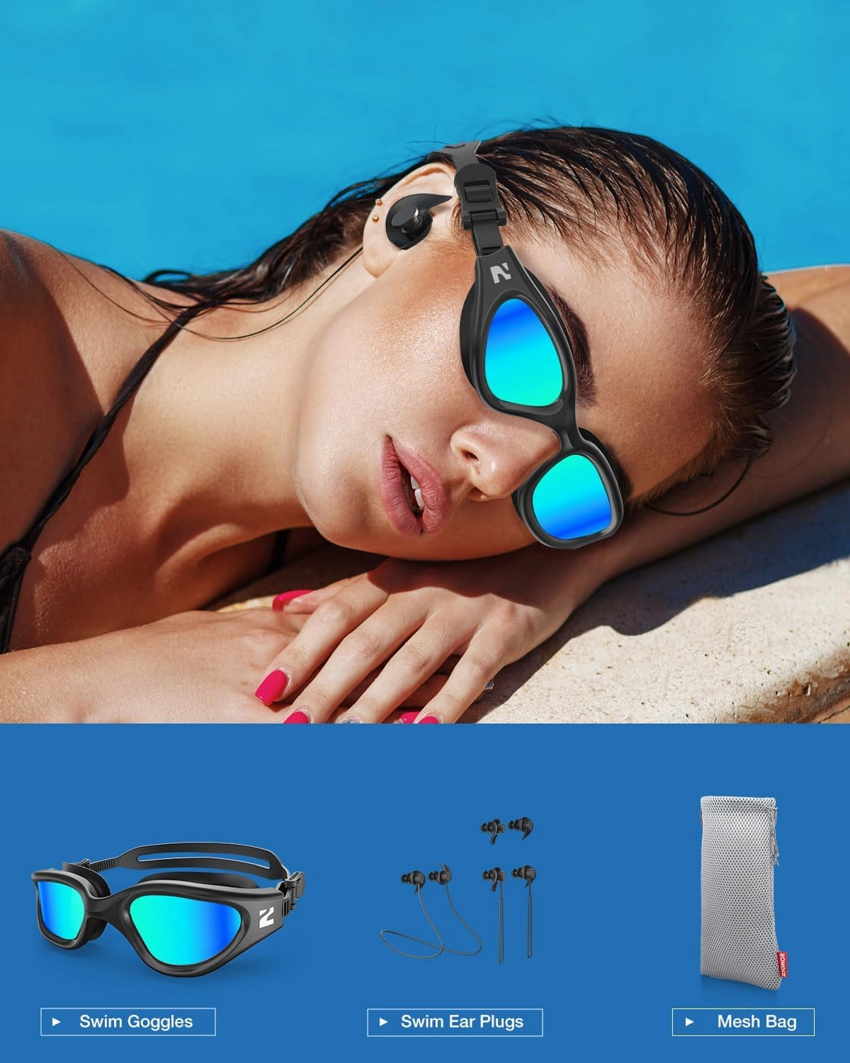 ZIONOR G1 Lite Polarized Swimming Goggles with 3 Pairs Earplugs, Anti-Fog UV Protection Swim Goggle for Adult Men Women Youth